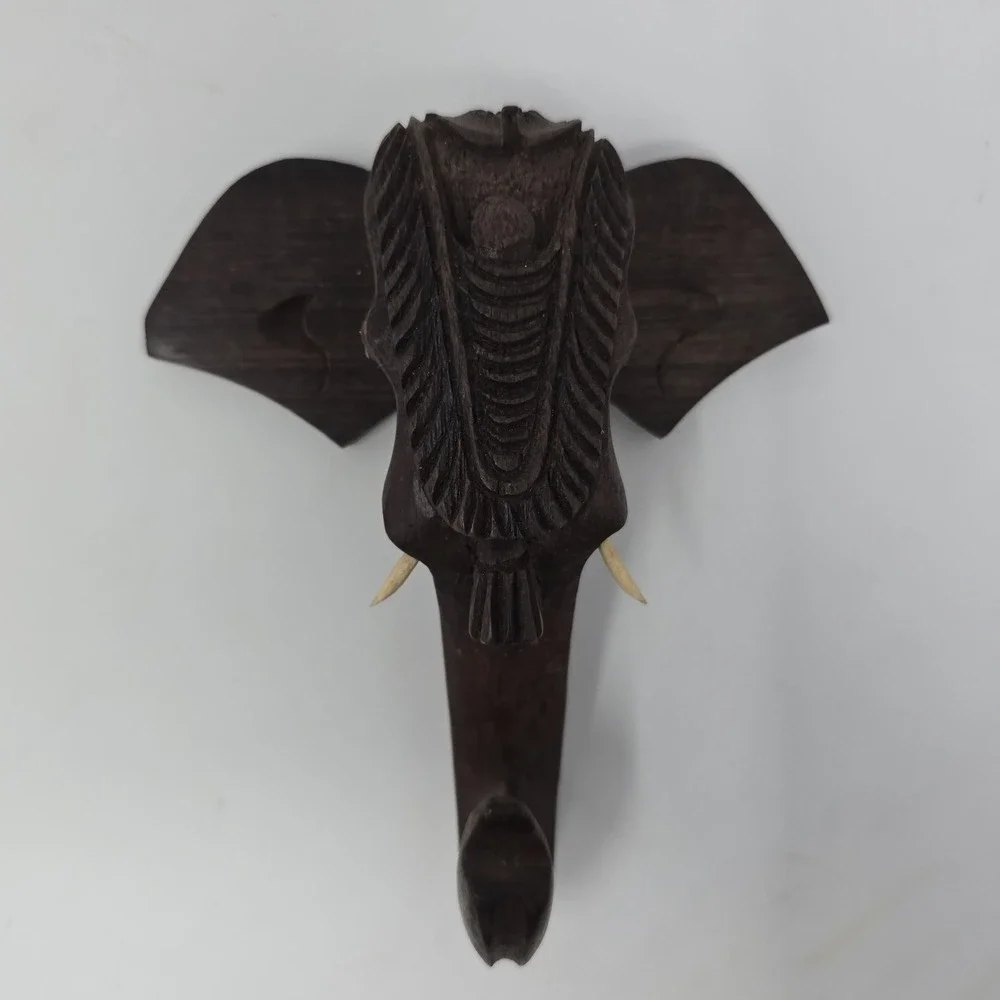 VTG Hand Carved Wood Elephant Head Wall Hanging /Hooks 6